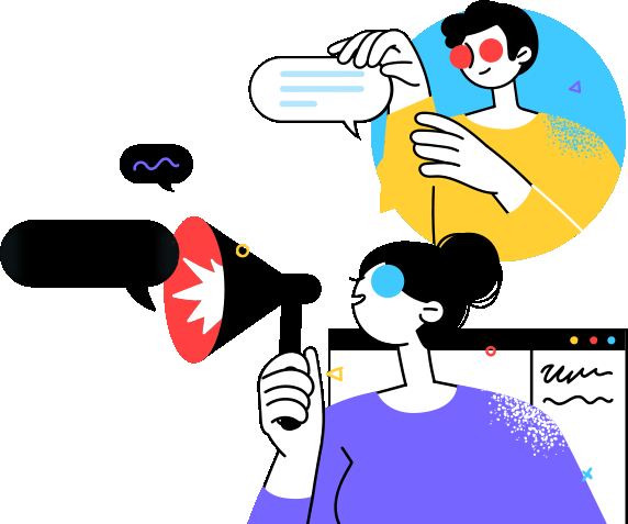 Ilustração animada com duas pessoas, uma delas falando em um megafone